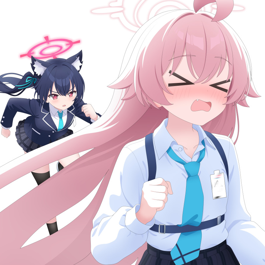 &gt;_&lt; 2girls absurdres abydos_high_school_logo ahoge animal_ear_fluff animal_ears backlighting black_hair black_jacket black_skirt blue_archive blue_necktie blue_ribbon blush cat_ears cat_girl clenched_hand collared_shirt commentary cowboy_shot crat2222 embarrassed english_commentary extra_ears eyelashes fang fleeing floating_hair hair_between_eyes hair_intakes hair_ribbon halo highres hoshino_(blue_archive) huge_ahoge id_card jacket long_hair long_sleeves looking_at_another miniskirt multiple_girls necktie nose_blush open_mouth pink_hair pink_halo plaid_clothes plaid_skirt pleated_skirt red_eyes red_pupils ribbon running school_uniform serika_(blue_archive) shirt simple_background skirt slit_pupils standing standing_on_one_leg tsurime twintails v-shaped_eyebrows very_long_hair wavy_mouth white_background white_shirt