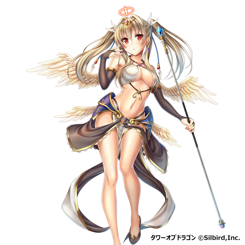1girl absurdres bare_legs blonde_hair blush breasts bridal_gauntlets cleavage earrings feathered_wings female_focus highres jewelry large_breasts long_hair looking_at_viewer navel original red_eyes simple_background solo staff tower_of_dragon twintails underboob violetshit white_background white_legwear white_wings wings