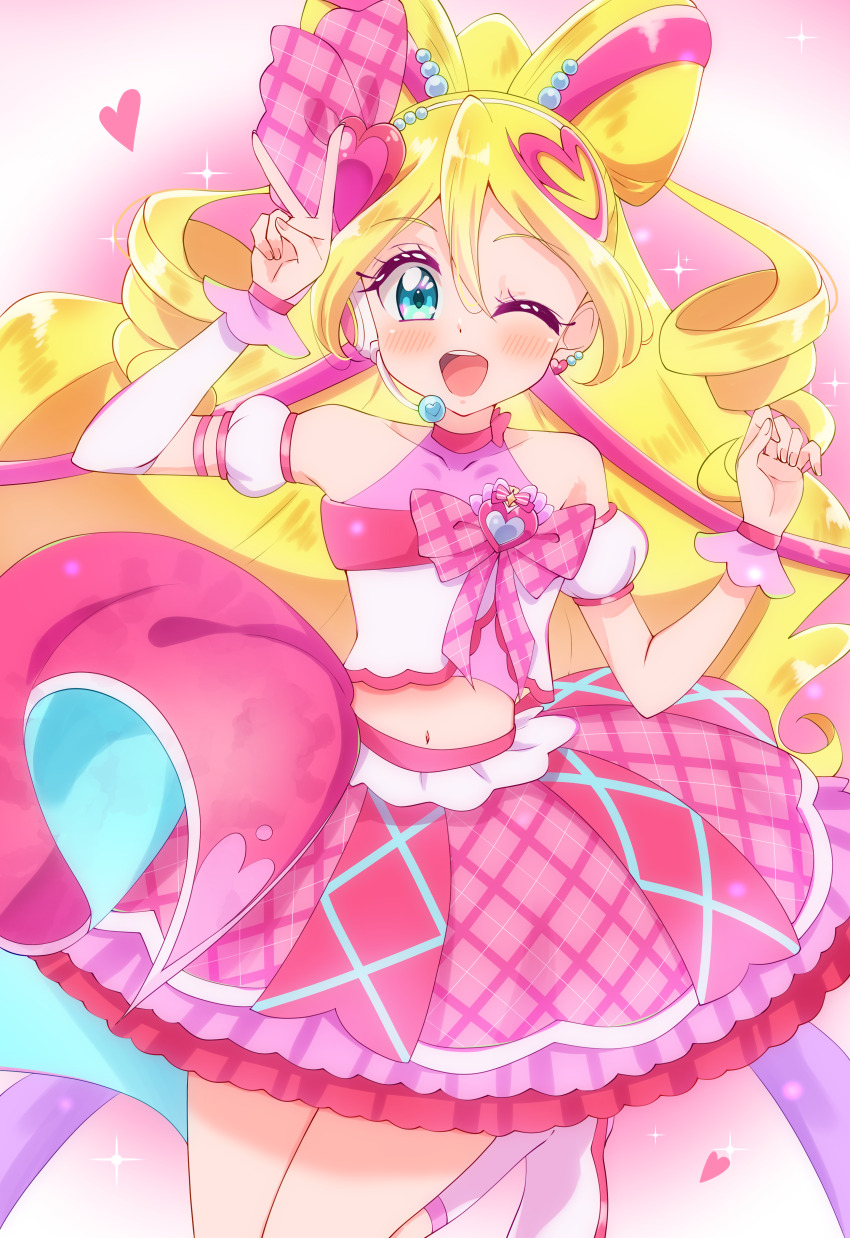 1girl absurdres arm_warmers blonde_hair blue_eyes blush boots brooch commentary_request crop_top cure_idol detached_sleeves drill_hair earrings hair_ornament hair_ribbon hairband headset heart heart_brooch heart_earrings heart_hair_ornament high_heels highres jewelry kimi_to_idol_precure kneehighs long_hair magical_girl midriff navel one_eye_closed open_mouth pink_boots pink_ribbon pink_shirt pink_skirt precure puffy_detached_sleeves puffy_sleeves ribbon sakura_uta_(precure) shirt single_arm_warmer skirt socks solo sugimura_mickey twin_drills v white_hairband white_socks wrist_cuffs