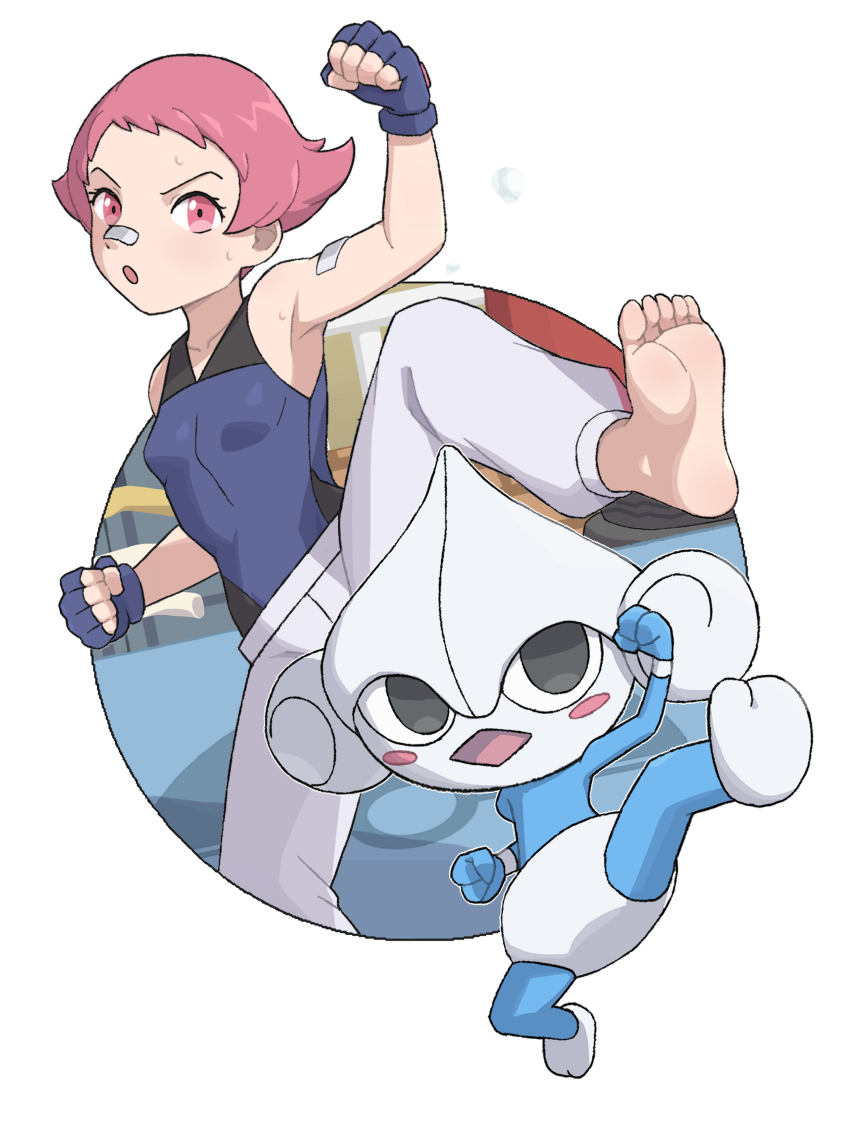 1girl :o absurdres bandaid bandaid_on_arm bandaid_on_face bandaid_on_nose barefoot blue_gloves breasts collarbone commentary_request fingerless_gloves gen_3_pokemon gloves highres leg_up looking_at_viewer maylene_(pokemon) meditite nintendo open_mouth pants pink_eyes pink_hair pokemon pokemon_(creature) pokemon_dppt short_hair soles sweat toes urin_(littleurin) white_pants