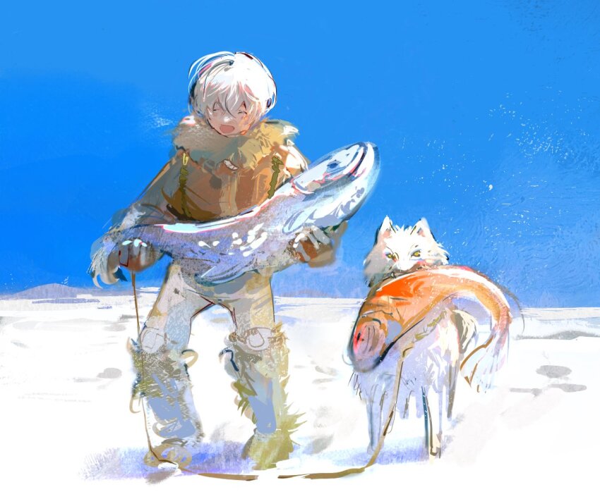 1boy :d ^_^ animal blue_sky boots brown_coat closed_eyes coat day fish full_body fumetsu_no_anata_e fur_boots fur_coat fur_collar fushi holding holding_animal holding_fish joan_(fumetsu_no_anata_e) male_focus msao open_mouth short_hair sky smile snow the_nameless_boy_(fumetsu_no_anata_e) white_hair white_wolf winter winter_clothes