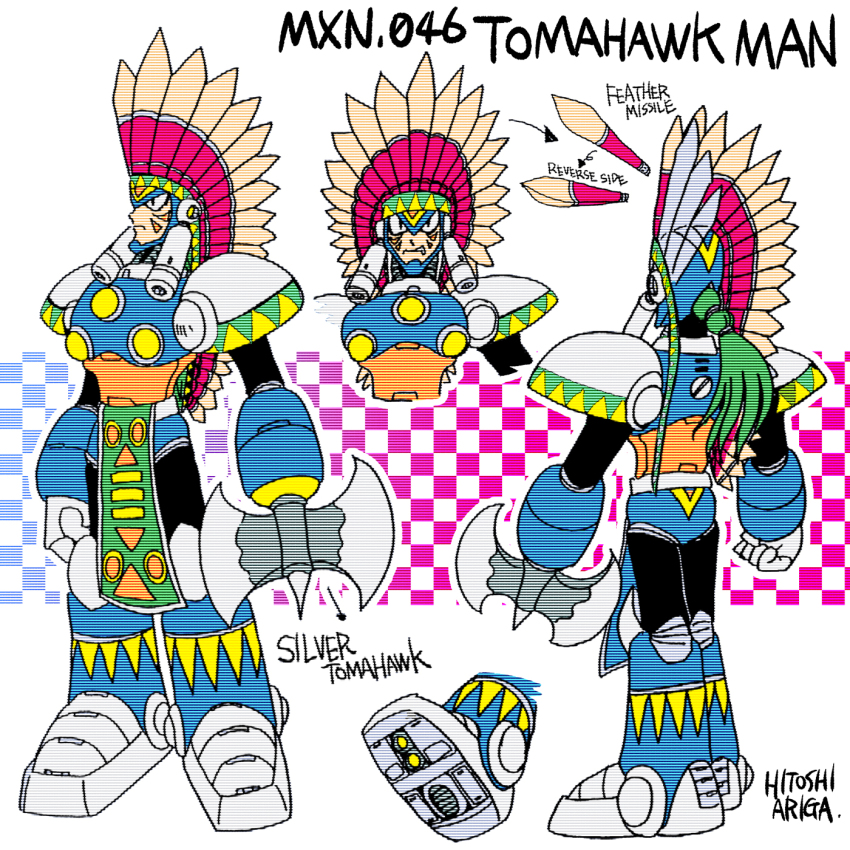 1boy android ariga_hitoshi armor arrow_(symbol) artist_name axe battle_axe black_bodysuit blue_armor blue_background blue_footwear bodysuit boots character_name checkered_background chest_armor chest_jewel clenched_hand commentary_request concept_art english_text facepaint facial_mark feathers from_behind full_body gem gradient_background hat headdress highres holding holding_axe industrial_pipe joints knee_boots looking_ahead looking_at_viewer male_focus mega_man_(classic) mega_man_(series) mega_man_6 mega_man_megamix multiple_views native_american native_american_headdress no_humans pink_background portrait reference_sheet robot robot_ears robot_joints scanlines shoe_soles shoulder_armor simple_background spiked_boots standing straight-on tomahawk tomahawk_man turnaround warbonnet weapon white_background yellow_gemstone