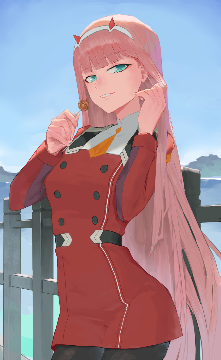 1girl absurdres against_railing blue_sky breasts candy clear_sky cowboy_shot darling_in_the_franxx day food green_eyes hairband highres horns lake lollipop long_hair long_sleeves looking_at_viewer medium_breasts military military_uniform necktie open_mouth orange_necktie pink_hair railing red_horns redtype scenery sky smile solo straight_hair very_long_hair water white_hairband zero_two_(darling_in_the_franxx)