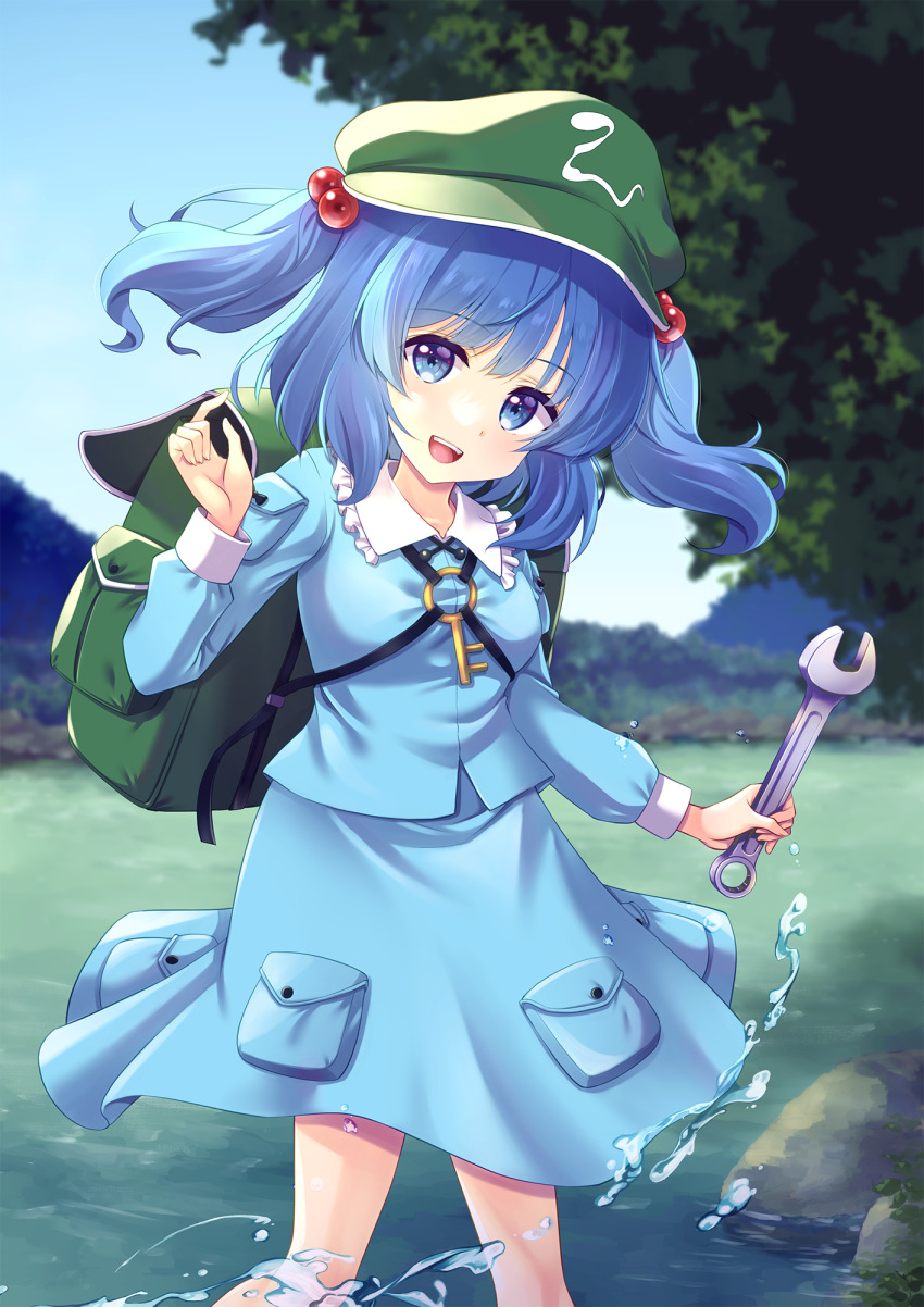 1girl :d backpack bag blue_eyes blue_hair blue_skirt breasts cabbie_hat day feet_out_of_frame green_hat hair_bobbles hair_ornament hand_up hat highres holding holding_wrench kawashiro_nitori key long_sleeves looking_at_viewer medium_hair murasaki_atsushi open_mouth outdoors pocket shirt skirt sky small_breasts smile solo splashing standing teeth touhou two_side_up upper_teeth_only wading water wrench