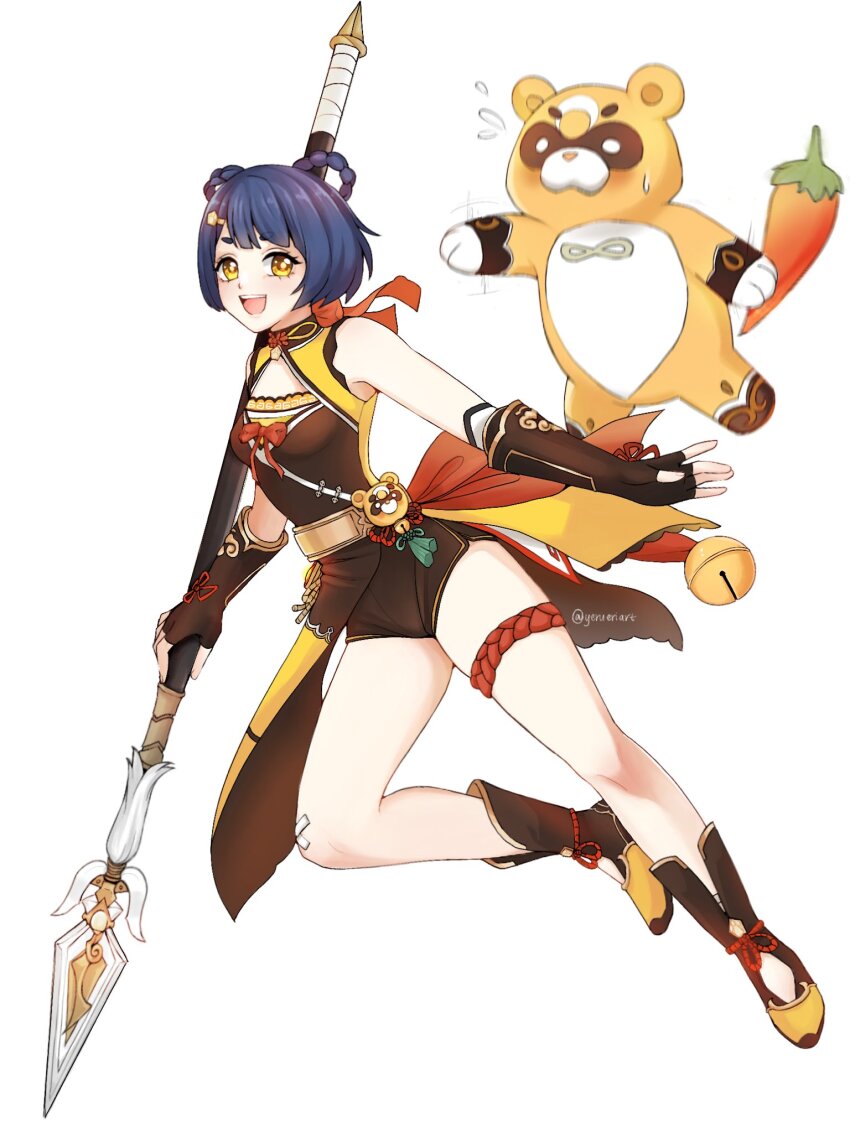 1girl bell blue_hair braid braided_hair_rings breasts chili_pepper chinese_clothes coin_hair_ornament commentary fingerless_gloves flying_sweatdrops genshin_impact gloves guoba_(genshin_impact) hair_ornament hair_rings hairclip highres holding holding_polearm holding_weapon jingle_bell open_mouth polearm qiang_(weapon) red_panda short_hair small_breasts smile spear sweatdrop thigh_strap twitter_username weapon xiangling_(genshin_impact) yellow_eyes yerueriart