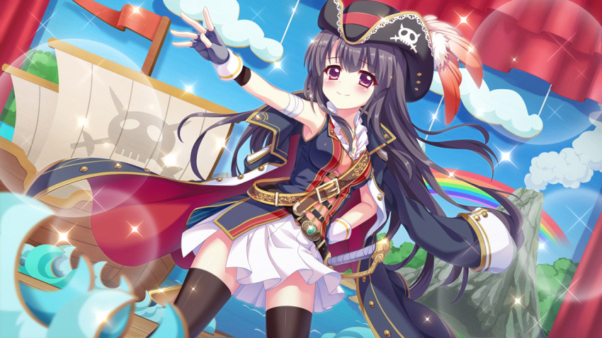 1girl black_hair black_hat black_thighhighs blue_coat blue_gloves blue_sky captain_hook captain_hook_(cosplay) cardboard_cutout closed_mouth cloud coat coat_on_shoulders contrapposto cosplay curtains day dot_nose dutch_angle feathers film_grain fingerless_gloves game_cg gloves hand_on_own_hip hat hat_feather ichikishima_mizuha izumi_tsubasu jolly_roger lens_flare long_hair non-web_source ocean official_art outstretched_arm peter_pan pirate_costume pirate_hat pirate_ship rainbow re:stage! red_curtains red_feathers skirt sky smile smoke solo sparkle stage stage_curtains straight_hair thighhighs volcano white_skirt wire zettai_ryouiki