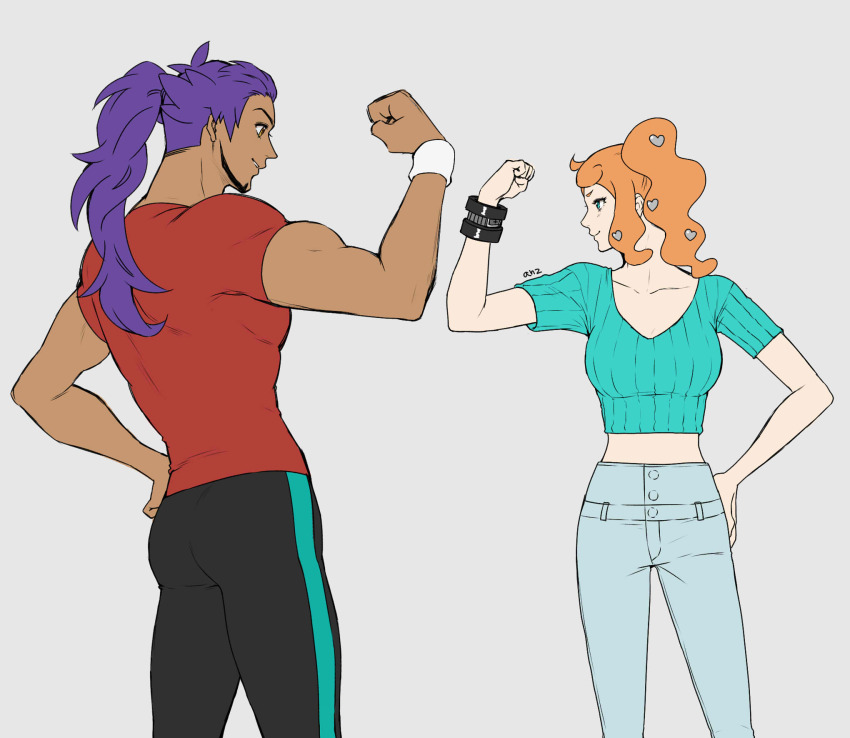 1boy 1girl alternate_costume anzu_(user_ufpf3257) breasts clenched_hand collarbone dark-skinned_male dark_skin facial_hair grey_background hair_ornament hand_on_own_hip heart heart_hair_ornament highres leon_(pokemon) muscular muscular_male nintendo orange_hair pokemon pokemon_swsh ponytail purple_hair red_shirt shirt side_ponytail simple_background sonia_(pokemon) standing wristband