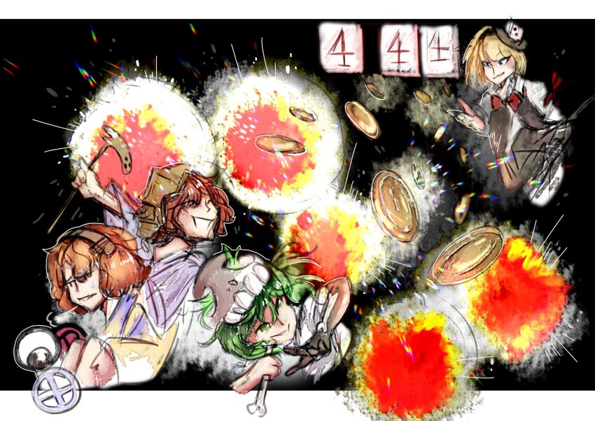 4others ^_^ androgynous bad_id bad_twitter_id black_background black_hairband black_skin black_skirt black_vest blonde_hair blue_kimono blue_sleeves bone bone_print bow bowtie brown_hairband brown_helmet closed_eyes coin collared_shirt colored_skin commentary cropped_legs cropped_torso dice_hair_ornament english_commentary explosion fighting gold_coin gradient_skin green_eyes hair_between_eyes hair_ornament hair_through_headwear hairband haniwa_(statue) haori happy hat helmet highres holding holding_bone jacket japanese_clothes katano_sukune kimono kitsugai_sese len&#039;en lens_flare letterboxed long_sleeves luo_qiangwei miniskirt multiple_others open_clothes open_mouth open_vest orange_hair other_focus outside_border parted_lips purple_kimono purple_scarf red_bow red_bowtie red_hair scarf shirt short_hair sigh simple_background skirt skull-shaped_hat sleeveless sleeveless_kimono smile sweatdrop thighhighs traditional_bowtie vest white_hat white_shirt white_sleeves white_thighhighs wide_sleeves xeno_a yellow_jacket yellow_sleeves zuifeng_tenkai