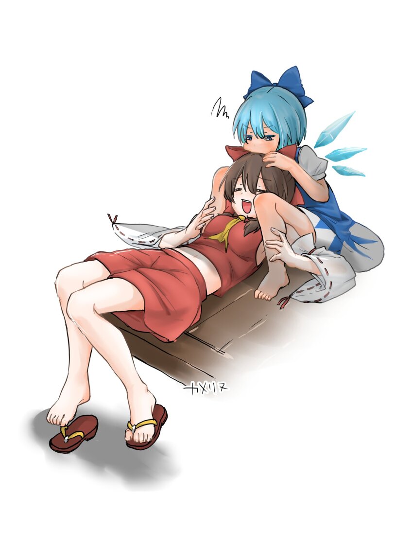 2girls :d =_= \||/ artist_name ascot ascot_between_breasts barefoot blue_dress blue_eyes blue_hair bow breasts brown_hair cirno commentary_request detached_sleeves dress dutch_angle frown full_body hair_bow hakurei_reimu hand_on_another&#039;s_leg happy highres hot ice ice_wings jitome knee_up knees_together_feet_apart long_sleeves looking_at_another looking_down lying medium_breasts medium_hair multiple_girls namuru_(twitter) nontraditional_miko on_back open_mouth puffy_short_sleeves puffy_sleeves red_bow red_skirt red_vest ribbon-trimmed_sleeves ribbon_trim sandals short_hair short_sleeves simple_background sitting skirt smile squiggle teeth touhou upper_teeth_only vest white_background white_sleeves wide_sleeves wings yellow_ascot