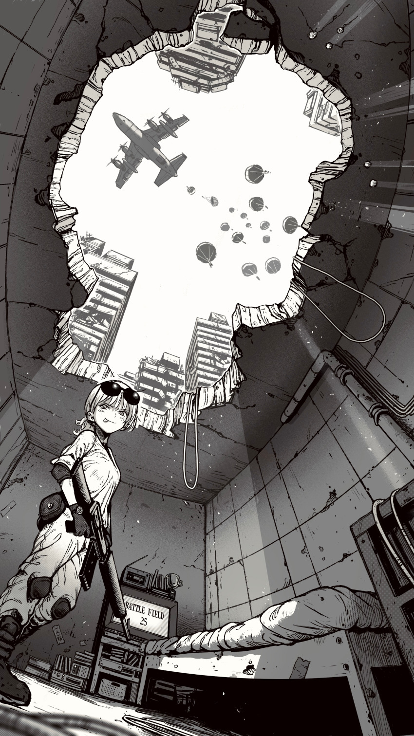 1girl absurdres aircraft bed english_text eyewear_on_head fisheye gun highres holding holding_gun holding_weapon huge_filesize looking_down monochrome omao original parachute scenery sunglasses tongue tongue_out trophy weapon