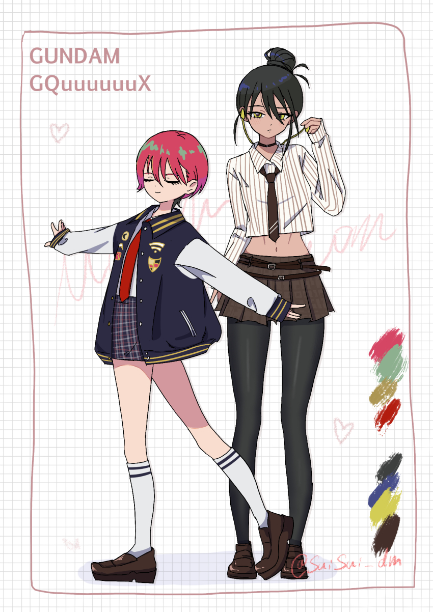 2girls alternate_costume amate_yuzuriha artist_name belt black_hair black_pantyhose brown_skirt closed_eyes commentary_request copyright_name cropped_shirt grid_background gundam gundam_gquuuuuux hair_bun hasu_175 headphones heart highres loafers midriff miniskirt multiple_girls necktie nyaan_(gundam_gquuuuuux) outstretched_arms pantyhose pleated_skirt red_hair red_necktie shirt shoes skirt socks spread_arms standing standing_on_one_leg striped_clothes striped_shirt twitter_username white_socks yellow_eyes