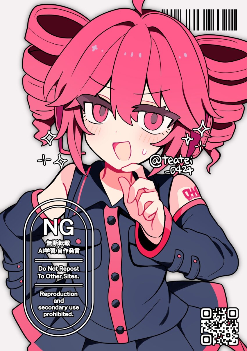 1girl :d ahoge barcode bare_shoulders black_shirt black_skirt black_sleeves blush buttons commentary detached_sleeves dot_nose drill_hair grey_background hair_between_eyes hand_on_own_hip hand_up highres kasane_teto kasane_teto_(utau) looking_at_viewer open_mouth pleated_skirt qr_code red_hair red_trim shirocha_tei shirt short_hair shoulder_tattoo simple_background skirt sleeveless sleeveless_shirt smile solo sweatdrop tattoo twin_drills twitter_username upper_body utau watermark