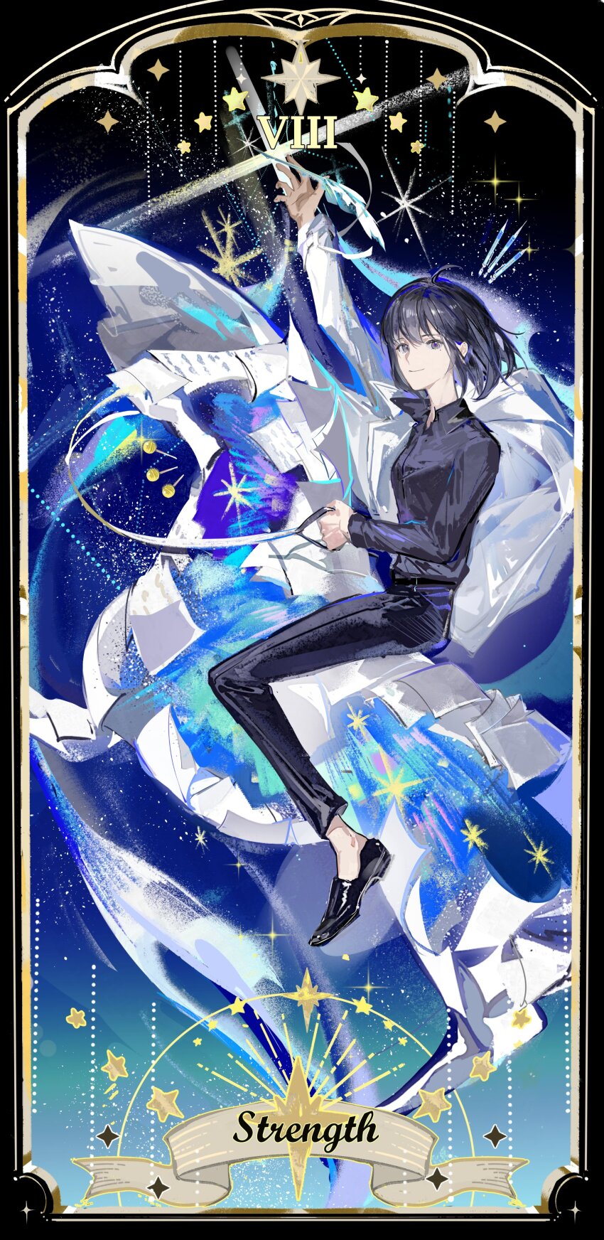 1girl absurdres arm_up black_eyes black_hair black_pants black_shoes border feathers gradient_background hair_between_eyes hair_flowing_over han_sooyoung highres holding holding_feather holding_reins horseback_riding jacket lantercat looking_at_viewer omniscient_reader&#039;s_viewpoint ornate_border outstretched_hand pants reins ribbon riding shoes sky solo sparkle sparkling_eyes star_(sky) star_(symbol) starry_sky strength_(tarot) tarot too_many_papers white_horse white_jacket white_ribbon
