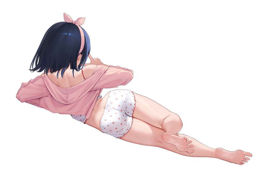 1girl ass back bare_shoulders barefoot black_hair bow-shaped_hair commentary_request facing_away food_print fruit_print hair_ribbon hairband ichigo_(mignon) lingerie lying mignon on_side original panties pink_hairband print_panties ribbon simple_background soles solo strawberry_bra strawberry_panties strawberry_print thighs toes underwear v white_background white_panties