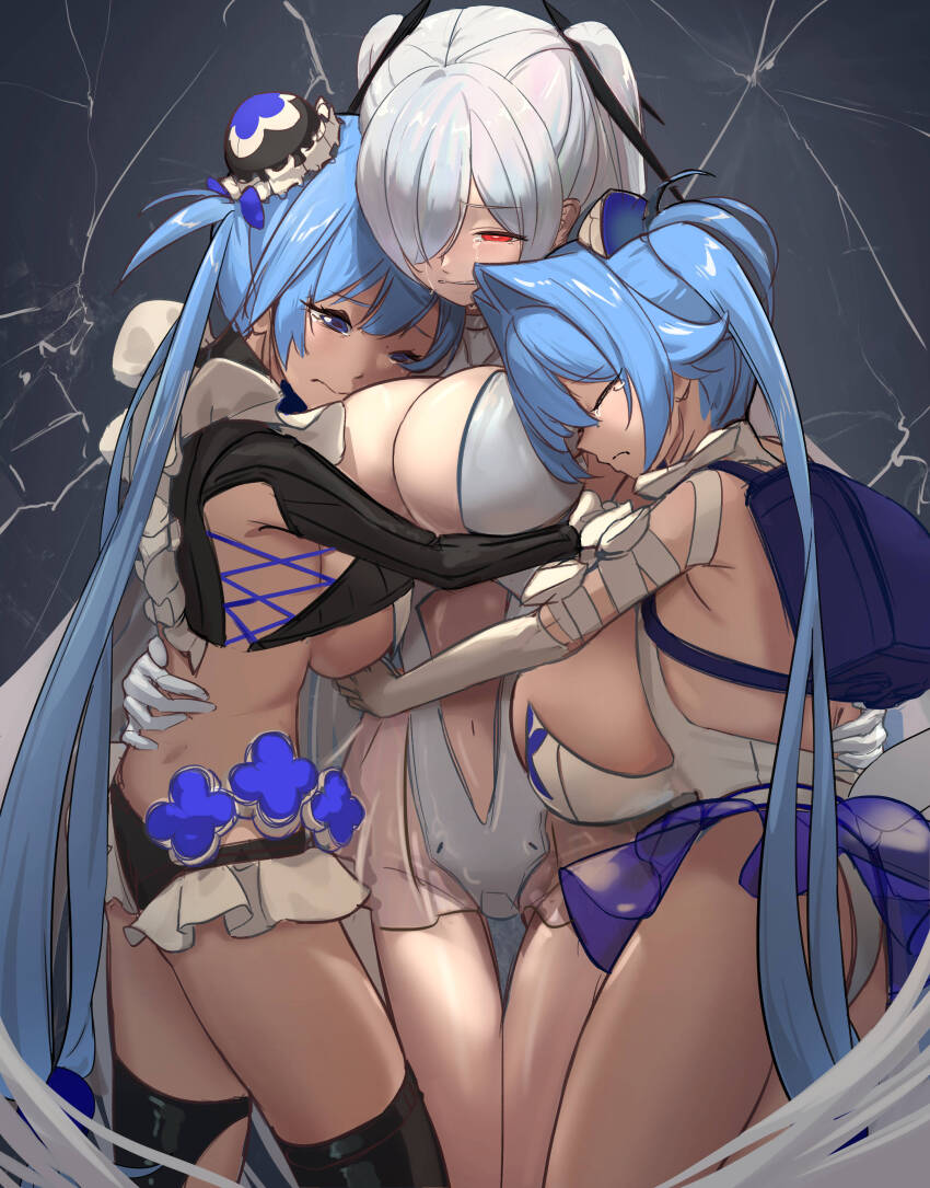 3girls absurdres armpit_cutout blue_eyes blue_hair bodysuit breasts cinderella_(nikke) cleavage cleavage_cutout closed_eyes closed_mouth clothing_cutout crying crying_with_eyes_open double-parted_bangs folded_hair gloves goddess_of_victory:_nikke gretel_(nikke) group_hug hair_between_eyes hair_intakes hair_over_one_eye hansel_(nikke) highres hug jason_kong large_breasts leg_cutout leotard long_hair multicolored_leotard multiple_girls navel navel_cutout official_alternate_eye_color old_tales_(nikke) one_eye_covered red_eyes see-through_clothes see-through_skirt shiny_eyes siblings skirt stomach_cutout tears thighhighs twins twintails two-tone_leotard very_long_hair white_bodysuit white_gloves white_hair