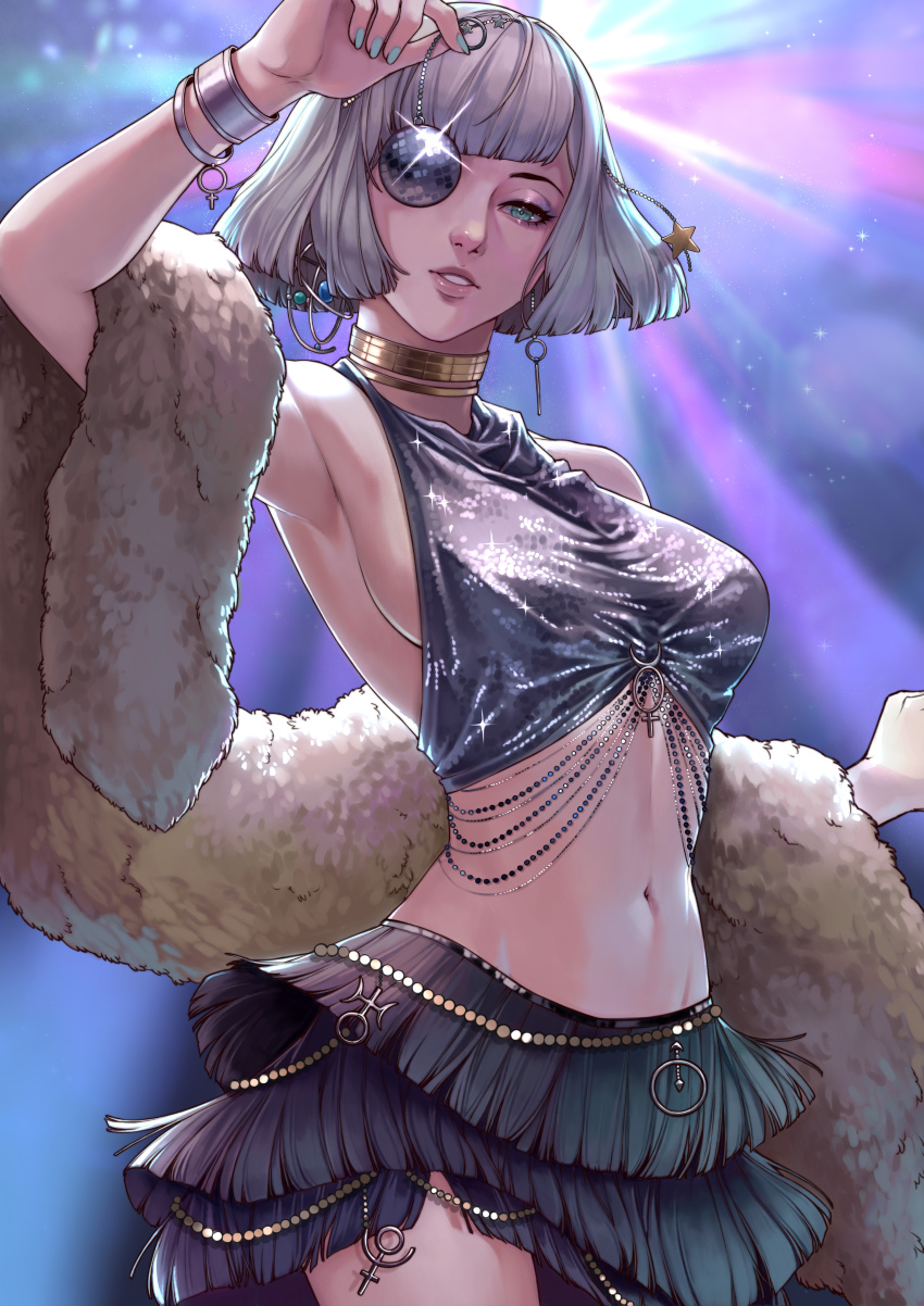1girl absurdres annasassiart arm_up armpits bare_shoulders black_skirt blue_eyes blue_nails blunt_bangs blunt_ends blurry bob_cut bokeh bracelet breasts covering_one_eye cowboy_shot depth_of_field disco_ball earrings feather_boa gold_choker grey_hair grey_tank_top hand_up highres holding holding_pendulum jewelry looking_at_viewer medium_breasts mercuria_(reverse:1999) miniskirt navel one_eye_covered parted_lips pendulum purple_background reverse:1999 short_hair sideboob skirt solo stomach tank_top