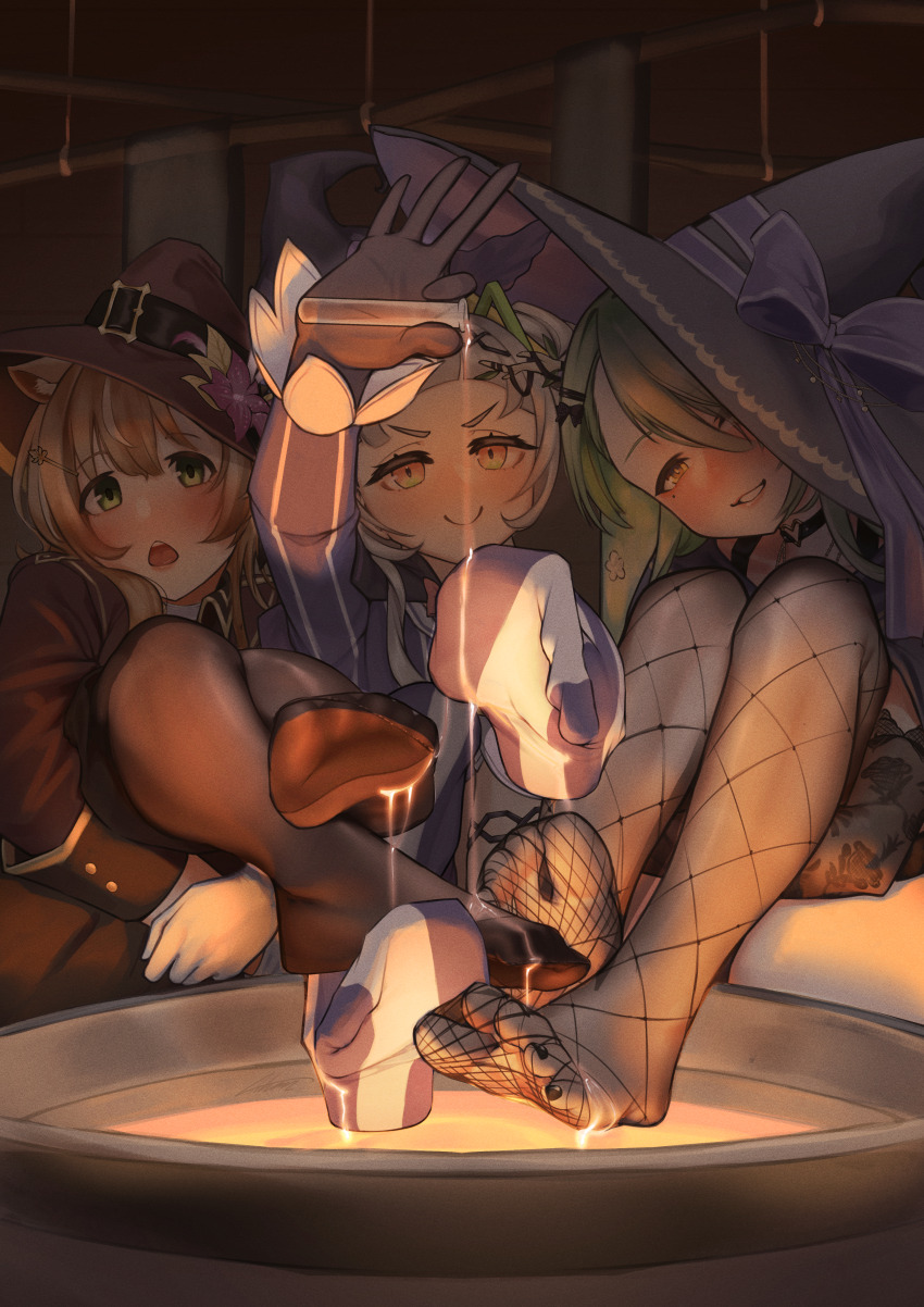 3girls absurdres aiharararara animal_ears ayunda_risu blue_eyes blush brown_hair cauldron ceres_fauna feet fishnet_pantyhose fishnets green_eyes green_hair hat highres hololive hololive_english hololive_indonesia long_hair looking_at_viewer medium_hair multiple_girls murasaki_shion open_mouth pantyhose parted_lips smile soles test_tube toes vial virtual_youtuber white_hair witch_hat yellow_eyes
