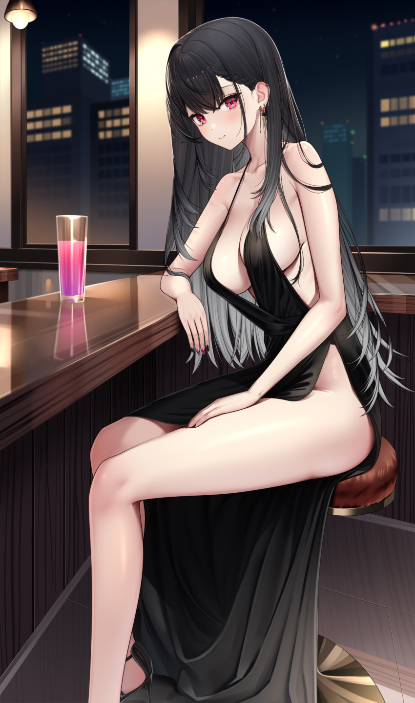 1girl arm_rest bare_shoulders black_dress black_hair black_nails blush braid breasts building ceiling_light center_opening chair city_lights cleavage closed_mouth collarbone colored_inner_hair commentary_request commission crossed_bangs cup dress drinking_glass earrings evening_gown feet_out_of_frame grey_hair hair_between_eyes halter_dress halterneck hand_on_own_thigh high_heels highres indoors jewelry kuroha_arya large_breasts long_hair looking_at_viewer multicolored_hair night night_sky nikichiho on_chair on_stool pink_eyes pink_nails reflective_surface sideboob sideless_outfit sitting skeb_commission sky smile solo stool table thighs tile_floor tiles very_long_hair virtual_youtuber vspo! vspo!_en window