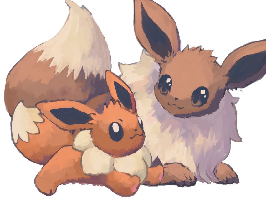 7_phi_3 animal_focus brown_eyes closed_mouth eevee gen_1_pokemon highres lying nintendo no_humans pokemon pokemon_(creature) simple_background smile stuffed_animal stuffed_toy white_background