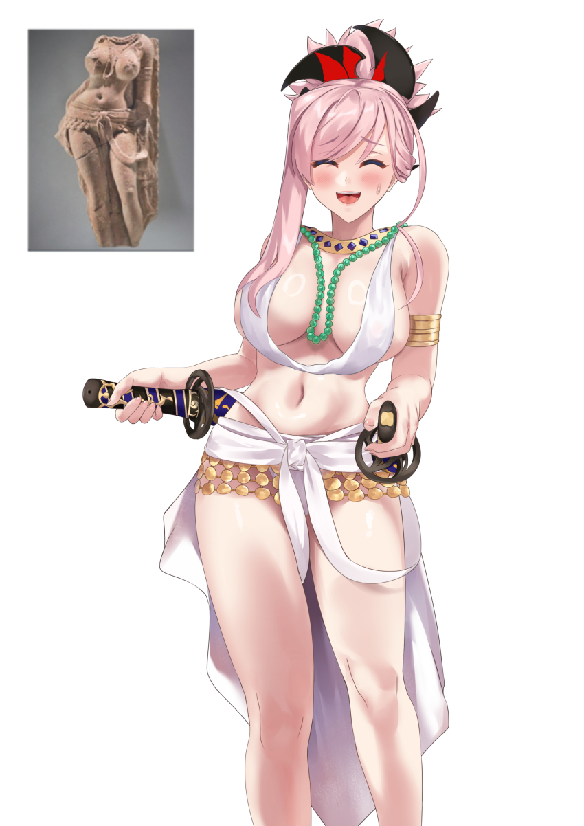 1girl absurdres arabian_clothes armlet bead_necklace beads blush breasts closed_eyes facing_viewer fate/grand_order fate_(series) hair_ornament highres indian_style jewelry katana large_breasts long_hair meme miyamoto_musashi_(fate) navel necklace open_mouth photo_(medium) photo_inset pink_hair ponytail reference_inset revealing_clothes ryouya sheath sheathed shiny_skin simple_background sitting skirt smile swept_bangs sword thighs weapon white_background white_skirt yakshi_statue_(meme)