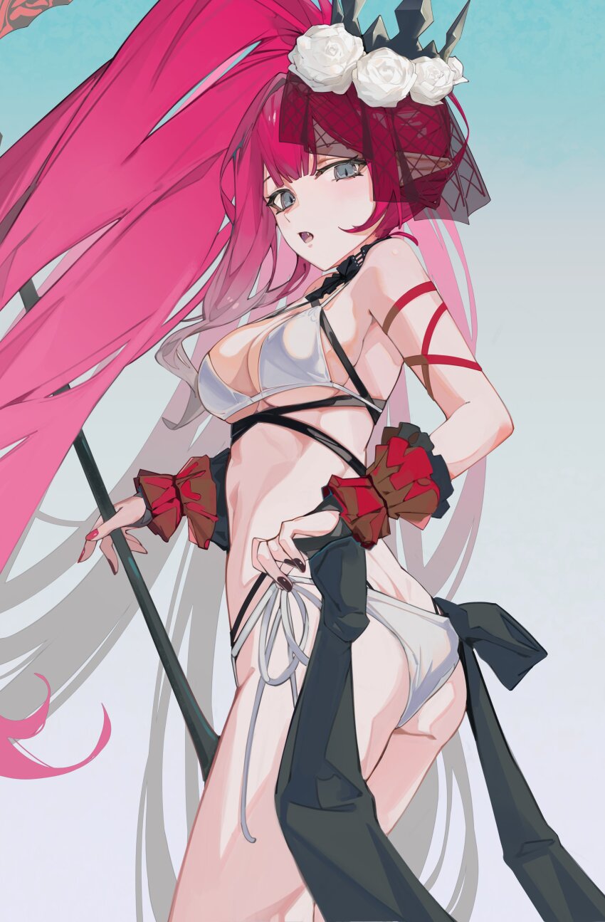 1girl absurdres ass baobhan_sith_(fate) baobhan_sith_(swimsuit_pretender)_(fate) baobhan_sith_(swimsuit_pretender)_(third_ascension)_(fate) bikini breasts bridal_gauntlets caat106 detached_collar fate/grand_order fate_(series) grey_eyes hammer highres holding holding_hammer holding_weapon long_hair looking_at_viewer open_mouth pink_hair pointy_ears side_ponytail solo swimsuit tiara veil weapon white_bikini