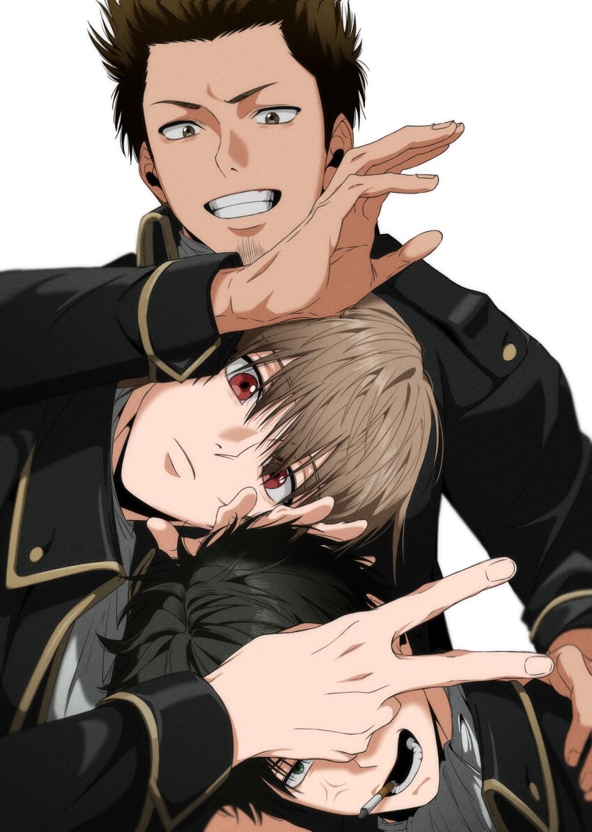 3boys anger_vein black_hair brown_eyes brown_hair cigarette facial_hair gintama green_eyes highres hijikata_toushirou jacket kondou_isao long_sleeves looking_at_viewer male_focus multiple_boys okita_sougo red_eyes shinsengumi_(gintama) short_hair simple_background smile smoking teeth v white_background yorozuya37