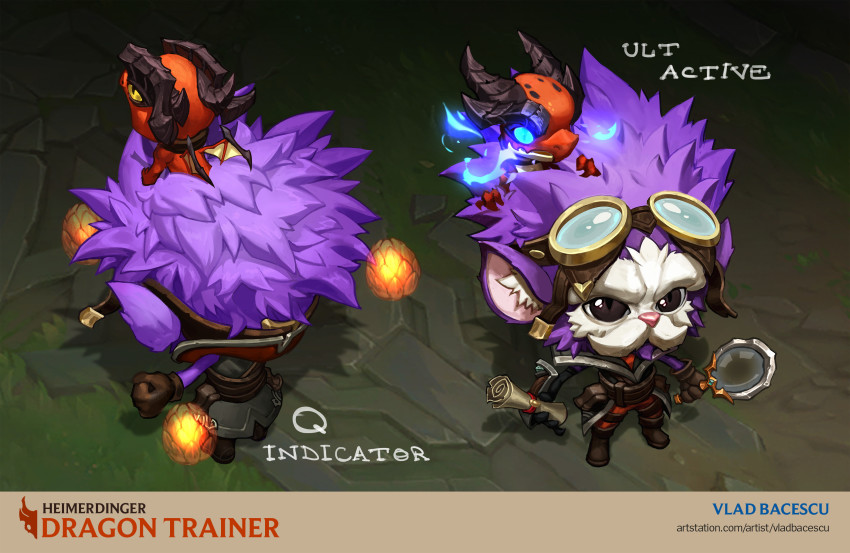 1boy animal animal_on_head artist_name black_eyes brown_gloves character_name commentary dragon dragon_trainer_heimerdinger full_body gloves goggles goggles_on_head heimerdinger highres holding holding_scroll horns league_of_legends looking_at_viewer magnifying_glass multiple_views official_alternate_costume on_head pink_hair scroll standing vladbacescu watermark web_address wings yordle
