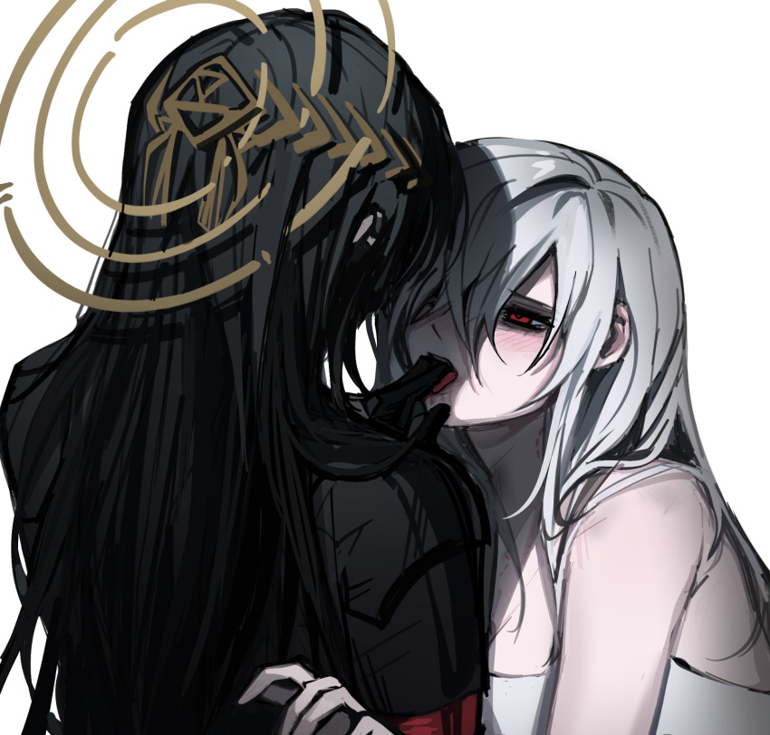 2girls android ariane_yeong black_hair blush camisole eve_(everotten) falke_(signalis) finger_in_another&#039;s_mouth halo highres laurel_crown long_hair multiple_girls red_eyes signalis simple_background white_background white_camisole white_hair yuri