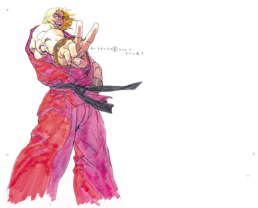 1boy :d blonde_hair closed_eyes concept_art dougi fingerless_gloves from_below game_cg gloves hand_on_own_hip highres karate_gi ken_masters male_focus mma_gloves muscular muscular_male nishimura_kinu non-web_source official_art open_mouth smile solo solo_focus street_fighter street_fighter_iii_(series) teeth thick_eyebrows upper_teeth_only v