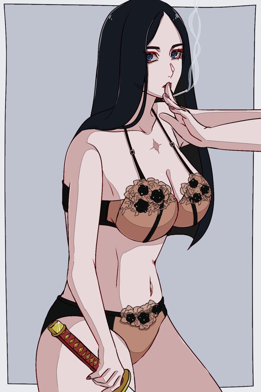 1girl bare_arms black_hair bleach blue_eyes border bra breasts brown_bra brown_panties cigarette cleavage cowboy_shot eyeshadow grey_background highres holding holding_cigarette holding_sword holding_weapon katana lingerie long_hair looking_at_viewer makeup medium_breasts midriff navel panties parted_bangs red_eyeshadow red_lips scar scar_on_chest smoke smoking solo strikek-lvvjm27 sword underwear unohana_retsu weapon white_border