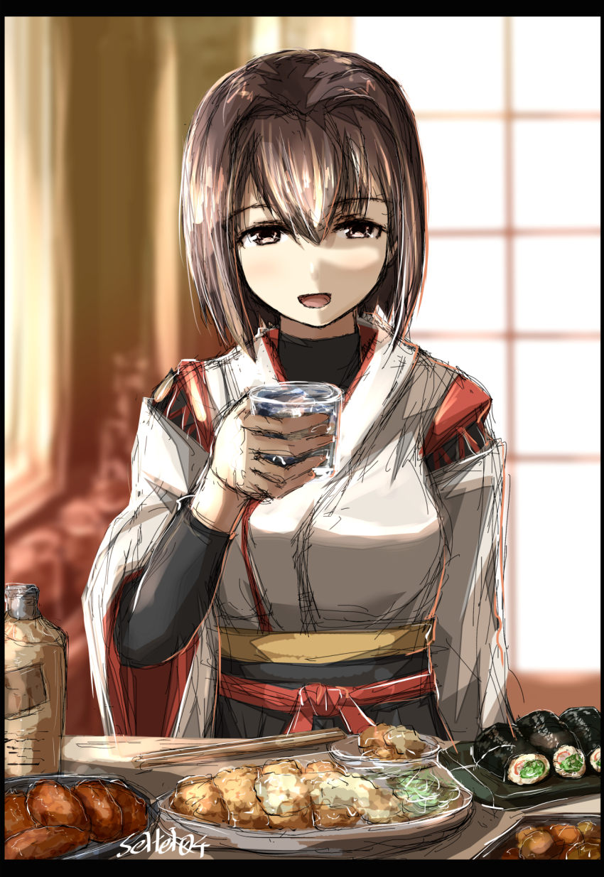 border breasts brown_eyes brown_hair detached_sleeves food food_focus highres hyuuga_(kancolle) japanese_clothes kantai_collection long_sleeves meal medium_breasts nontraditional_miko seitei_(04seitei) short_hair sketch solo upper_body