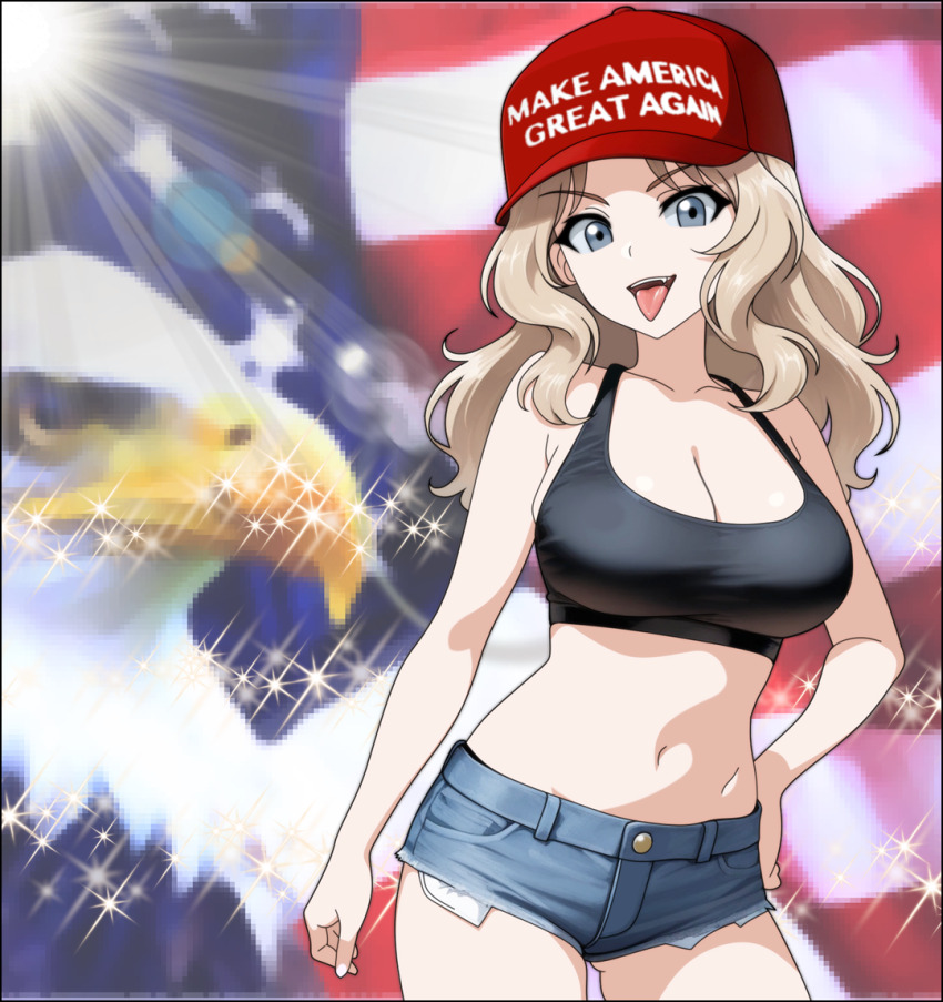 1girl :d american_flag bald_eagle baseball_cap bird black_tank_top blonde_hair blue_eyes breasts cleavage denim denim_shorts devil_jone_qrit eagle girls_und_panzer hand_on_own_hip hat kay_(girls_und_panzer) large_breasts long_hair looking_at_viewer midriff navel open_mouth red_hat short_shorts shorts smile solo stomach tank_top tongue tongue_out