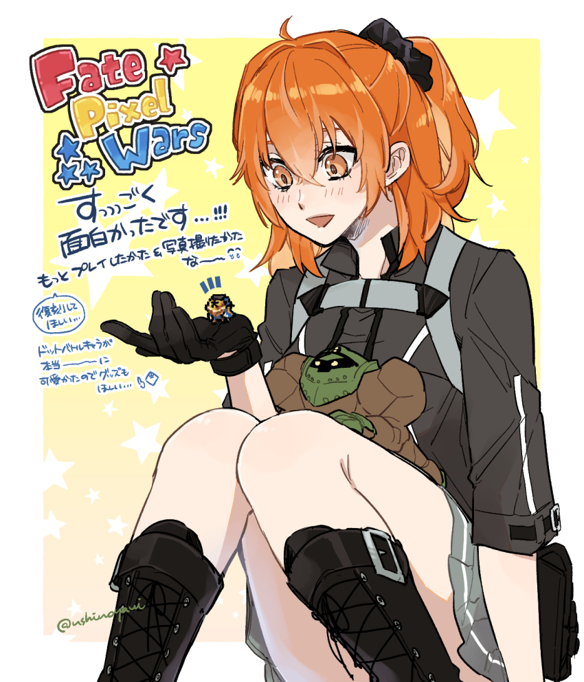 1boy 1girl ahoge avicebron_(fate) black_gloves black_jacket black_scrunchie boots breasts fate/grand_order fate_(series) fujimaru_ritsuka_(female) fujimaru_ritsuka_(female)_(polar_chaldea_uniform) gloves golem grey_skirt hair_ornament hair_scrunchie highres jacket knee_boots medium_breasts one_side_up open_mouth orange_eyes orange_hair pouch scrunchie short_hair short_sleeves skirt smile translation_request ushinoyavi