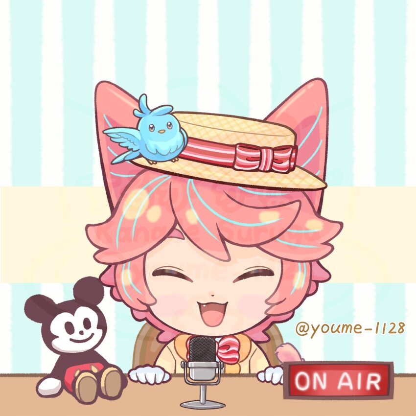 1boy :3 ^_^ artist_name bird blue_background bow bowtie cat_boy cat_tail character_doll character_request closed_eyes commentary_request disney english_text gloves hat hat_ribbon highres male_focus mickey_mouse mickey_mouse_&amp;_friends microphone open_mouth original pale_skin pink_hair red_bow red_bowtie ribbon shoes short_hair smile solo striped_background striped_bow striped_bowtie striped_clothes suruga_kanade tail twitter_username vertical-striped_background watermark white_gloves yellow_hat yellow_shoes