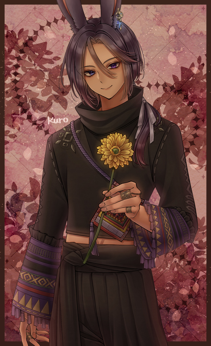 1boy absurdres animal_ears black_pants black_shirt blue_eyes border brown_border commentary_request commission cowboy_shot crescent crescent_earrings dark-skinned_male dark_skin earrings final_fantasy final_fantasy_xiv flower flower_request hair_ribbon heterochromia highres holding holding_flower jewelry kuro11_222 looking_at_viewer low_ponytail male_focus multicolored_sleeves pants partial_commentary ponytail purple_eyes purple_hair rabbit_boy rabbit_ears red_background ribbon ring shirt single_earring skeb_commission smile solo viera warrior_of_light_(ff14) white_ribbon yellow_flower