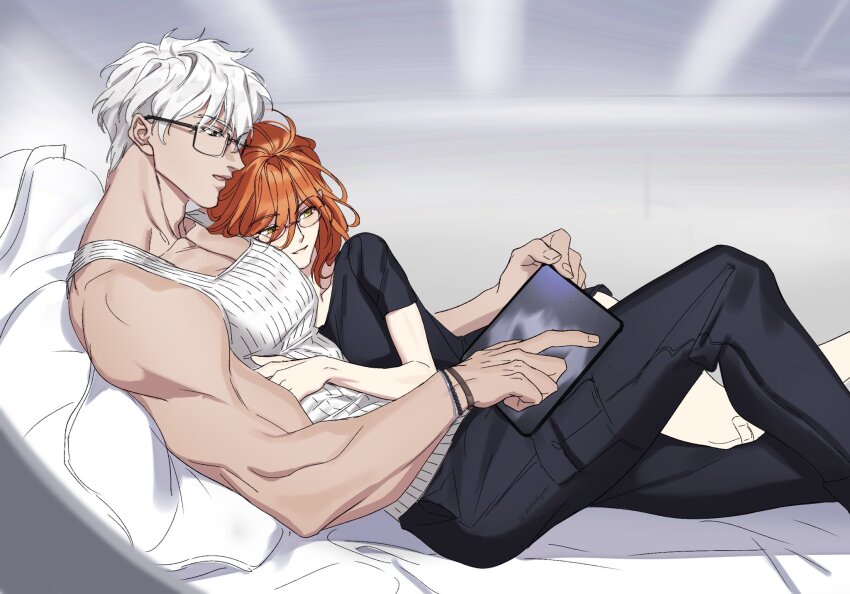 1boy 1girl archer_(fate) archer_(summer_casual)_(fate) black_pants bracelet commentary_request dark-skinned_male dark_skin fate/grand_order fate_(series) fujimaru_ritsuka_(female) glasses hetero highres jewelry large_pectorals muscular muscular_male orange_eyes orange_hair pants pectorals ribbed_tank_top shinkaifuyuki sitting tablet_pc tank_top white_hair white_tank_top