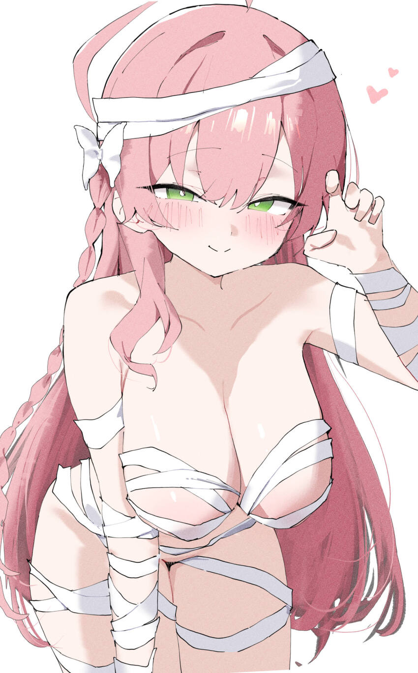 1girl absurdres ahoge bandaged_arm bandaged_chest bandaged_head bandaged_leg bandages blue_archive blush bow braid breasts closed_mouth collarbone green_eyes groin hair_bow halo hanako_(blue_archive) heart highres huge_breasts leaning_forward long_hair looking_at_viewer mummy_costume naked_bandage pink_hair pink_halo simple_background smile solo terra_tiri thighs white_background white_bow