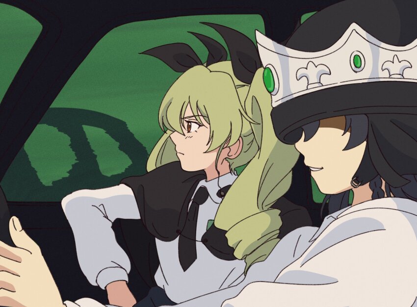 2girls anchovy_(girls_und_panzer) anzio_school_uniform arsene_lupin_iii black_hair black_helmet black_ribbon braid car castle_of_cagliostro clenched_teeth crown drill_hair driving girls_und_panzer green_hair hair_ribbon helmet highres italian_flag jigen_daisuke long_hair long_sleeves lupin_iii mito_(mitotank) motor_vehicle multiple_girls necktie parody pepperoni_(girls_und_panzer) red_eyes ribbon scene_reference school_uniform shirt short_hair side_braid skirt smile teeth twin_drills twintails white_shirt