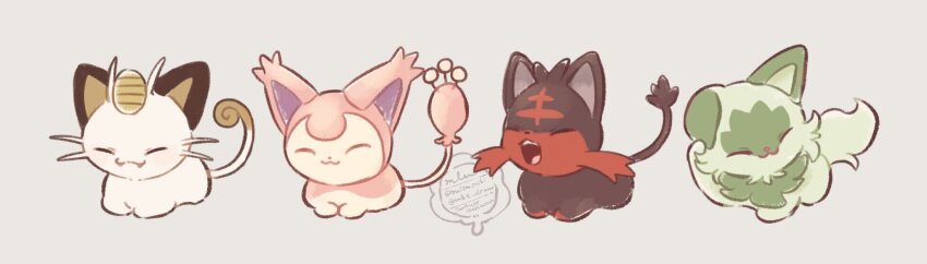 :3 ^_^ black_fur cat closed_eyes coin commentary_request gen_1_pokemon gen_3_pokemon gen_7_pokemon green_fur grey_background highres litten meowth mkt_(buizu-miki) multicolored_fur nintendo no_humans open_mouth paw_up pink_fur pokemon pokemon_(creature) red_fur sitting skitty sprigatito teeth tongue upper_teeth_only white_fur yawning