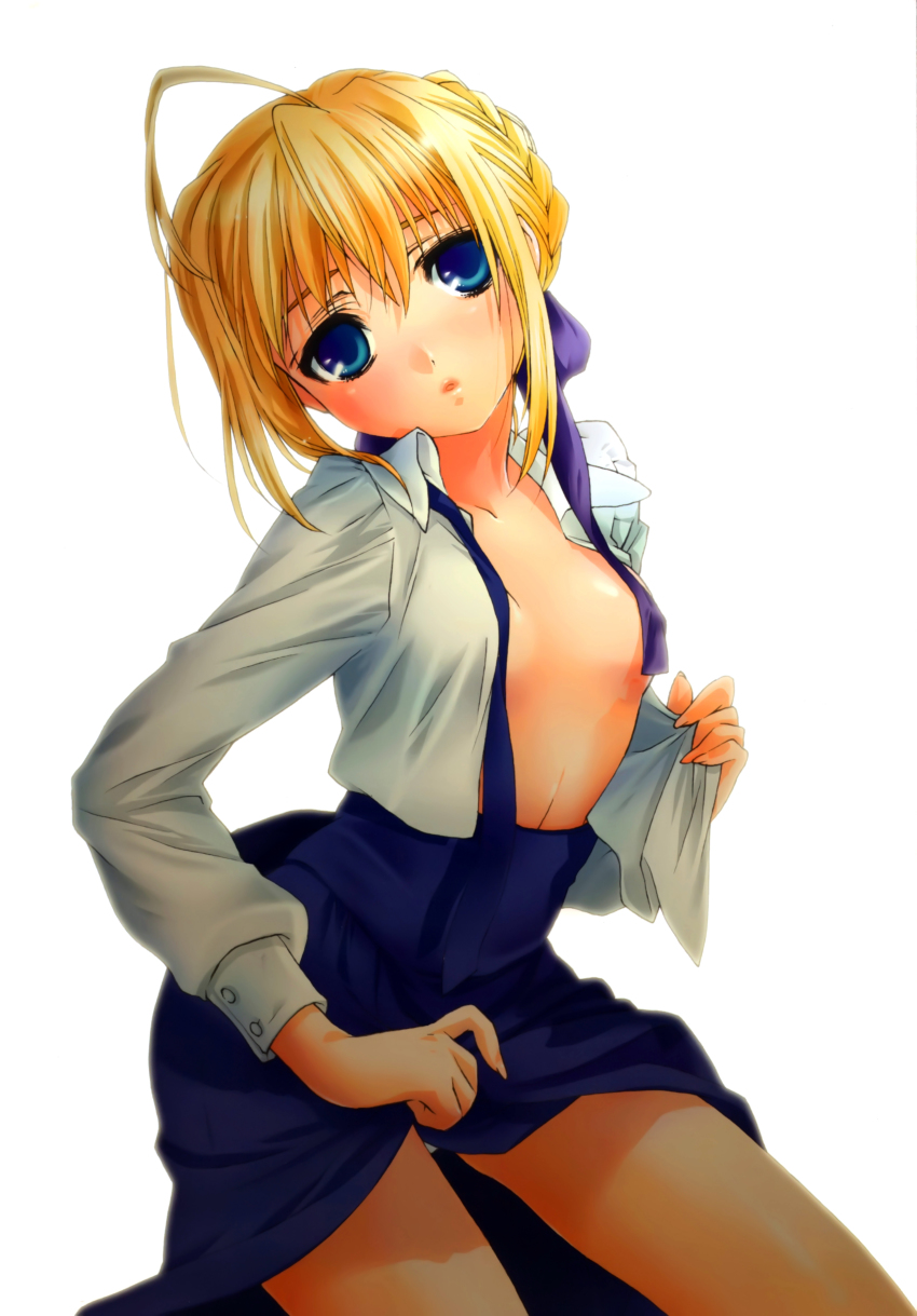 1girl absurdres ahoge artoria_pendragon_(fate) blonde_hair blue_eyes breasts censored convenient_censoring fate/stay_night fate_(series) female_focus highres lips looking_at_viewer no_legwear open_clothes open_shirt panties ribbon saber_(fate) scan shirt short_hair solo underwear undressing zekkyou zekkyou_(h9s9)