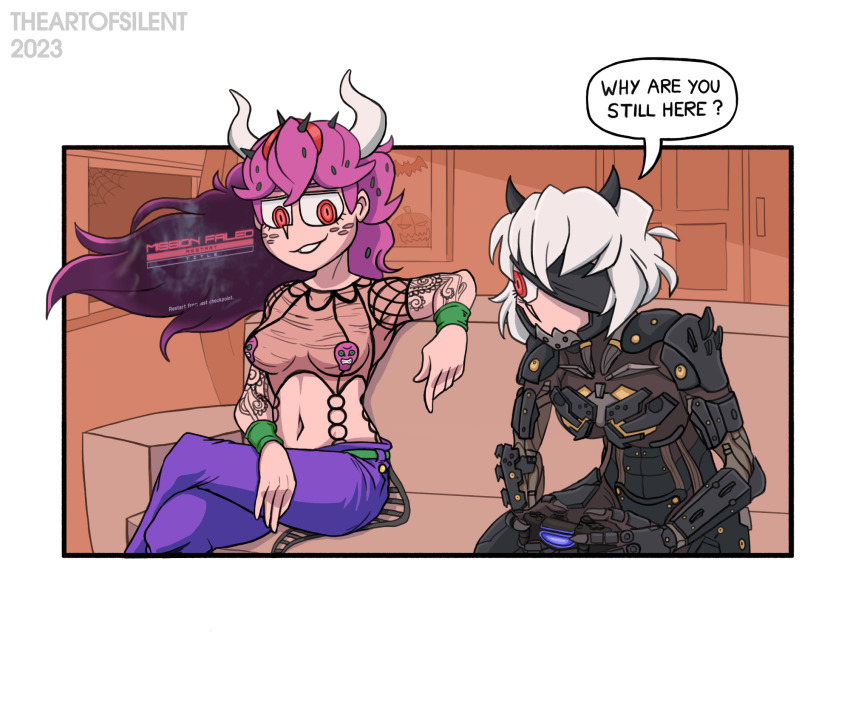 2girls armor beelzebub_(helltaker) belt black_armor black_horns blindfold breasts commentary cosplay couch cyborg english_commentary english_text feet_out_of_frame green_belt grin helltaker highres horns jojo_no_kimyou_na_bouken king_crimson_(stand) long_hair looking_at_another looking_to_the_side malina_(helltaker) medium_breasts metal_gear_(series) metal_gear_rising:_revengeance midriff multiple_girls navel pants purple_hair purple_pants raiden_(metal_gear) raiden_(metal_gear)_(cosplay) red_eyes see-through_clothes see-through_shirt shirt sitting smile theartofsilent vento_aureo white_hair white_horns wristband