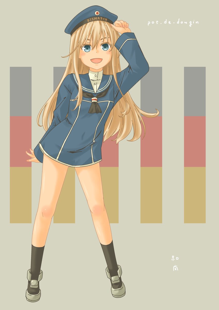 1girl absurdres aged_down bismarck_(kancolle) black_neckerchief black_socks blonde_hair blue_dress blue_eyes blue_hat blue_sailor_collar commentary_request cosplay country_connection dress flag_background full_body german_flag grey_background hat highres kantai_collection long_hair multicolored_background neckerchief pot-de sailor_collar sailor_dress sailor_hat smile socks solo z1_leberecht_maass_(kancolle) z1_leberecht_maass_(kancolle)_(cosplay)