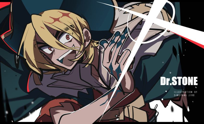 1boy belt blonde_hair brown_eyes commentary_request copyright_name dr._stone francois_(dr._stone) glint hair_between_eyes hat looking_at_viewer male_focus markings open_mouth sameyama_jiro shirt short_hair solo teeth tricorne upper_teeth_only white_shirt