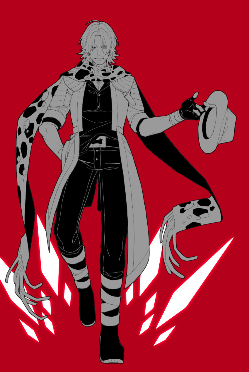 1boy beard_stubble belt belt_buckle black_boots black_gloves black_pants black_shirt boots buckle coat collared_shirt dante_(devil_may_cry) devil_may_cry_(series) dots facial_hair fingerless_gloves full_body gloves glowing_lines hand_on_own_hip hat highres holding holding_unworn_clothes holding_unworn_hat light_smile long_coat long_scarf looking_at_viewer male_focus medium_hair pants parted_bangs red_background reverse_translation scarf shirt simple_background single_glove solo straight-on stubble takeridake unworn_hat unworn_headwear white_hair