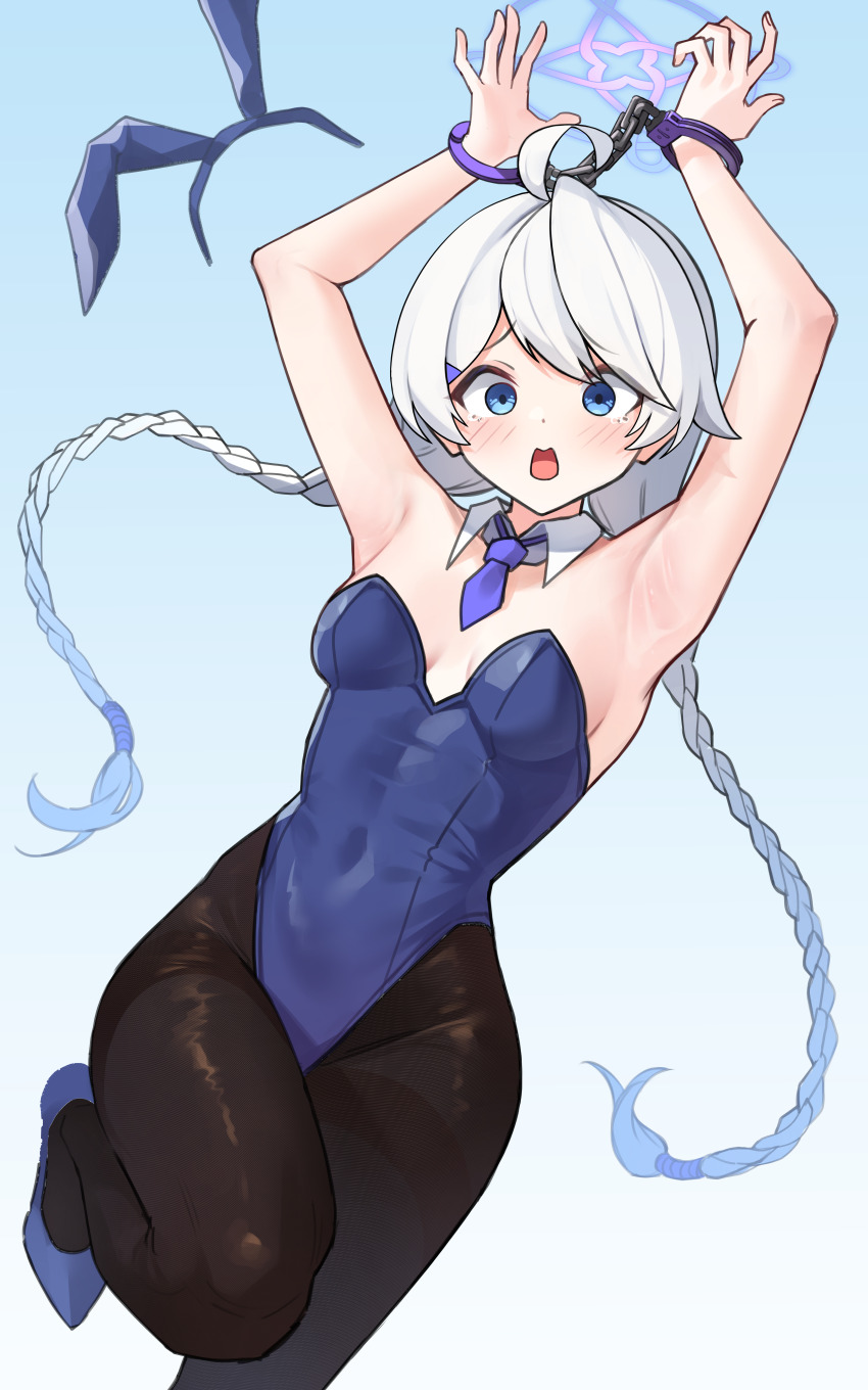 1girl absurdres ahoge alternate_costume animal_ears armpits arms_up bare_arms black_pantyhose blue_archive blue_eyes blue_leotard blue_shoes blush bound bound_wrists braid breasts chain coke0502 covered_navel cuffs detached_collar fake_animal_ears gradient_background gradient_hair halo handcuffs highres kirino_(blue_archive) leotard long_hair looking_at_viewer medium_breasts multicolored_hair necktie open_mouth pantyhose playboy_bunny purple_halo purple_necktie shoes solo standing standing_on_one_leg tears thighband_pantyhose twin_braids two-tone_background two-tone_hair