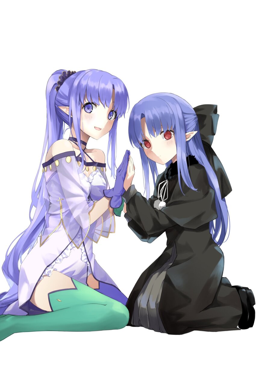 2girls bare_shoulders black_dress blue_hair blush bow breasts capelet chiizu_ore commission dress expressionless fate/grand_order fate_(series) gloves hair_bow highres kagetsu_tooya kneeling len_(tsukihime) medea_(fate) medea_lily_(fate) multiple_girls palms_together pointy_ears ponytail purple_eyes purple_hair red_eyes second-party_source sidelocks sitting skeb_commission small_breasts smile thighhighs tsukihime white_dress