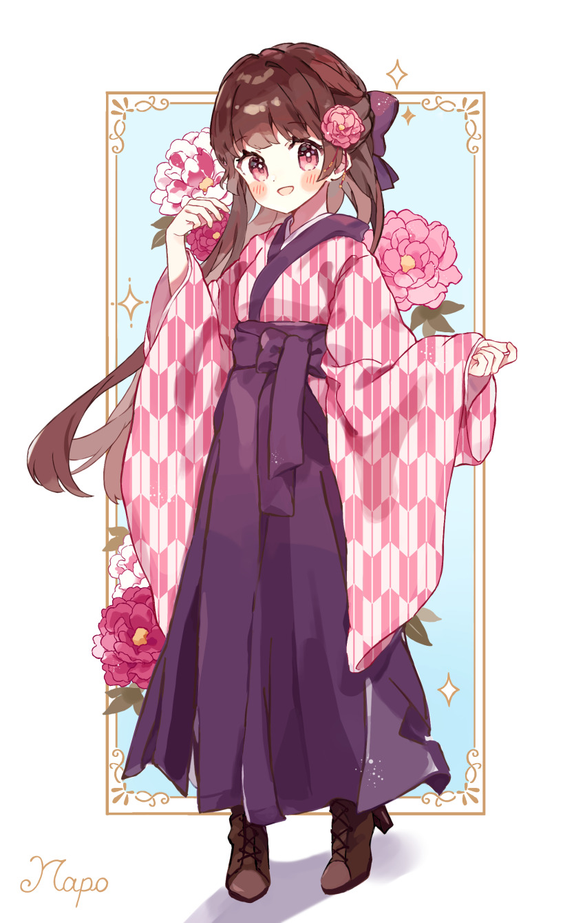 1girl absurdres block_heels blue_background blunt_sidelocks blush_stickers border bow brown_hair brown_shoes choppy_bangs commentary commentary_request commission english_commentary floating_hair floral_background flower full_body grey_border hair_bow hair_flower hair_ornament hakama half_updo highres hime_cut japanese_clothes kimono long_hair long_sleeves looking_at_viewer mixed-language_commentary napo_(napo_illust) open_mouth original ornate_border outside_border pink_flower pink_kimono print_kimono purple_bow purple_hakama red_eyes shoes sidelocks single_hair_intake skeb_commission smile solo sparkle standing straight_hair very_long_hair wide_sleeves