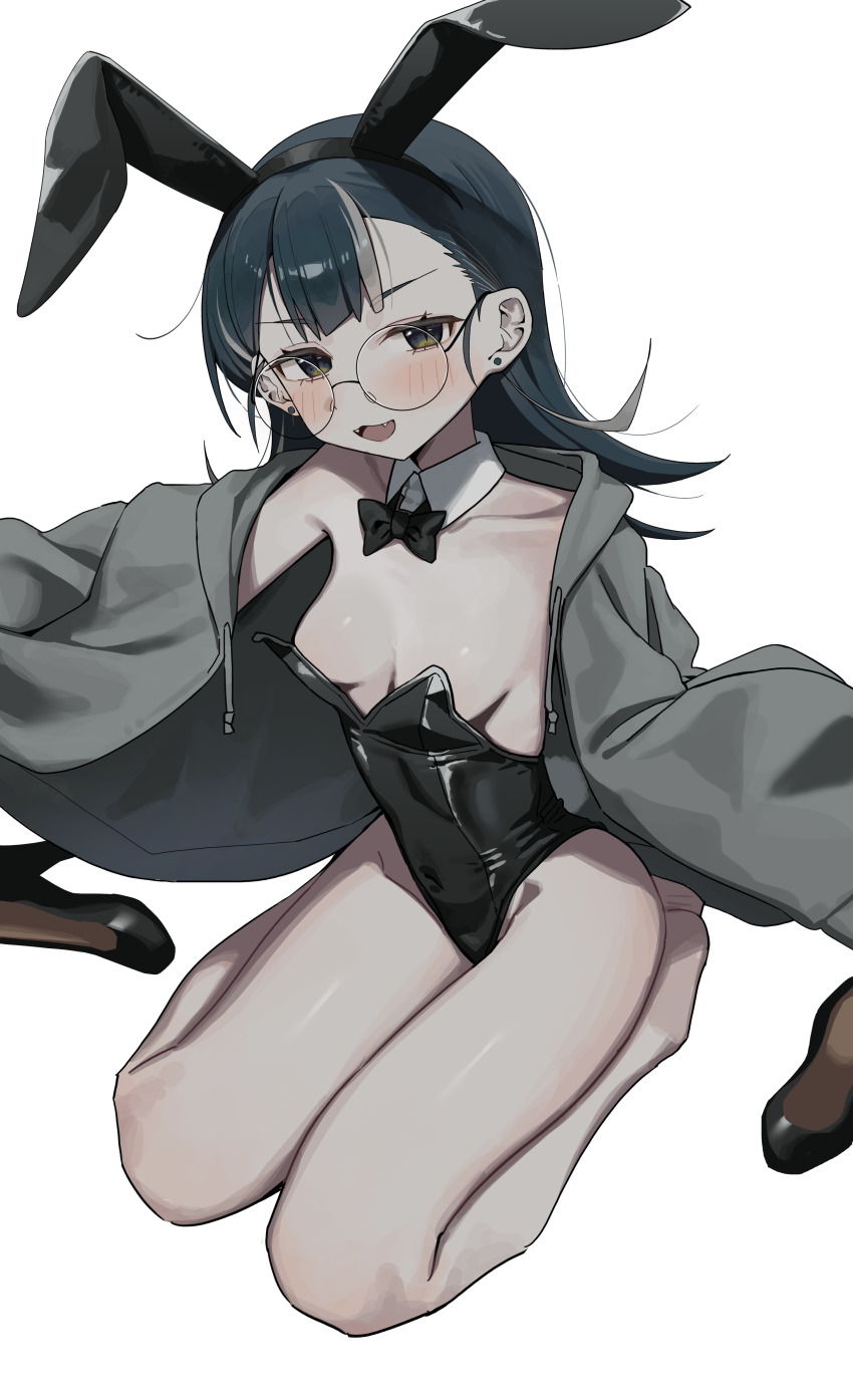 1girl absurdres animal_ears bare_legs black_hair black_leotard black_shoes breasts cleavage collarbone commentary_request fake_animal_ears highres leotard looking_at_viewer medium_hair original playboy_bunny rabbit_ears round_eyewear shoes simple_background sitting small_breasts solo syhan thighs unworn_shoes wariza white_background