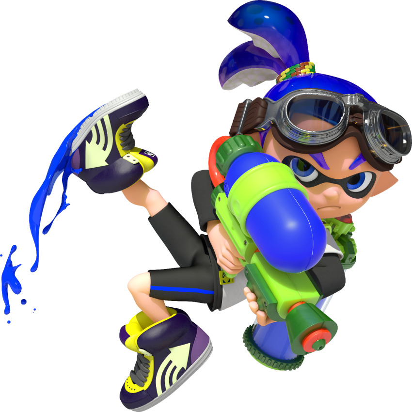 1boy 3d bike_shorts black_undershirt blue_eyes blue_hair closed_mouth dynamic_pose eye_mask frown full_body goggles goggles_on_head gradient_hair highres holding holding_weapon ink_tank_(splatoon) inkling inkling_boy inkling_player_character john_(splatoon) long_sleeves looking_at_viewer multicolored_hair nintendo official_art purple_shoes shirt shoelaces shoes short_sleeves sneakers solo splatoon_(series) splatoon_1 splattershot_(splatoon) spotted_hair suction_cups t-shirt tentacle_hair thick_eyebrows transparent_background two-tone_hair v-shaped_eyebrows weapon white_shirt