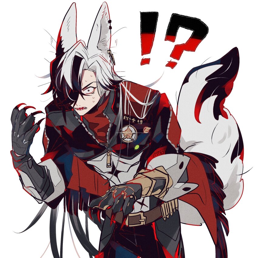 1boy animal_ears animal_hands black_gloves black_hair black_jacket boothill_(honkai:_star_rail) claws commentary_request constricted_pupils cowboy cowboy_shot cropped_jacket cyborg fox_boy fox_ears fox_tail gloves grey_hair hair_over_one_eye highres honkai:_star_rail honkai_(series) jacket kemonomimi_mode long_hair male_focus sharp_teeth simple_background solo tail teeth u_5ham0 western white_background